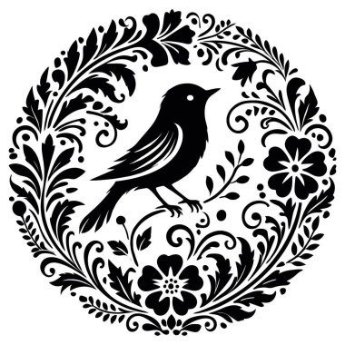 Çiçek Motifli Zarif Siyah ve Beyaz Çiçekli Kuş Görünümü 