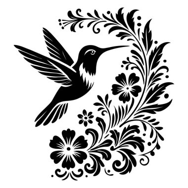 Çiçek Motifli Zarif Siyah ve Beyaz Çiçekli Kuş Görünümü 
