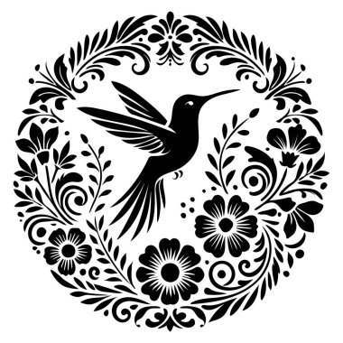 Çiçek Motifli Zarif Siyah ve Beyaz Çiçekli Kuş Görünümü 