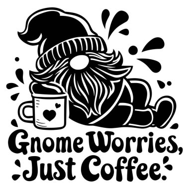 İçinde kalp olan bir kahve fincanıyla rahatça uzanan bir cücenin oyuncu siyah-beyaz çizimi. 