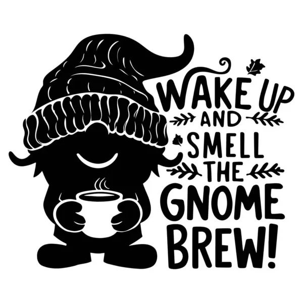 stock vector A charming black and white graphic featuring a gnome in a large beanie, holding a cup of steaming coffee. The playful text 