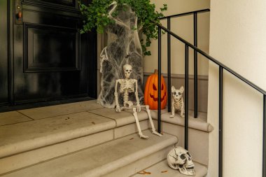 Çeşitli Cadılar Bayramı dekorasyonları bir evin ön merdivenlerini koruyor. Balkabakları verandada. Yüksek kaliteli fotoğraf.