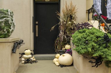 Çeşitli Cadılar Bayramı dekorasyonları bir evin ön merdivenlerini koruyor. Balkabakları verandada. Yüksek kaliteli fotoğraf.