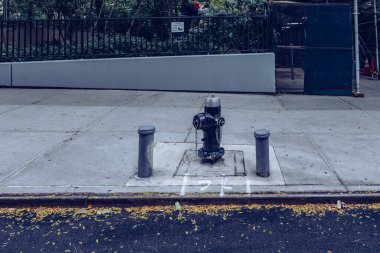 Boston kaldırımına kurulmuş klasik siyah Amerikan tipi yangın musluğu. Yüksek kaliteli fotoğraf.