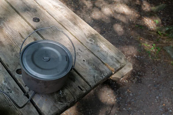 Titanium Pot Making Food Gas Stove Camping Wooden Table Forest —  Fotos de Stock