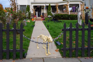  Birçok parlak ve renkli cadılar bayramı süslemeleri, iskeletler, oyulmuş balkabakları, ve bir evin bahçesinde ve ön bahçesinde korkuluklar. Yüksek kaliteli fotoğraf.