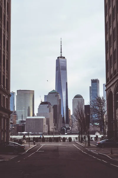 World Trade center building in Manhattan, view from between buildings from New Jersey. High quality photo