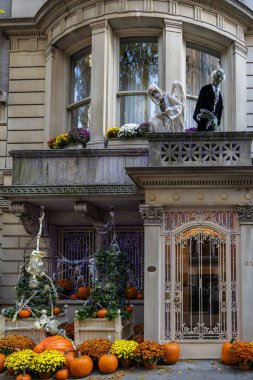 Renkli Balkabakları ve Çiçekler Sonbahar boyunca New York 'ta bir Eski Brownstone Evi' nin merdivenlerinde. Yüksek kalite fotoğraf