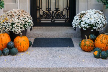 Renkli Balkabakları ve Çiçekler Sonbahar boyunca New York 'ta bir Eski Brownstone Evi' nin merdivenlerinde. Yüksek kalite fotoğraf