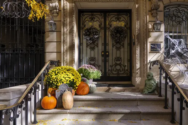 Renkli Balkabakları ve Çiçekler Sonbahar boyunca New York 'ta bir Eski Brownstone Evi' nin merdivenlerinde. Yüksek kalite fotoğraf