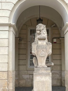 Impressive architectural figure of a lion, captured in striking detail. The lion is shown standing proudly with one paw raised, and is adorned with the coat of arms of the city of Lviv. The figure is a symbol of the strength and pride of the city
