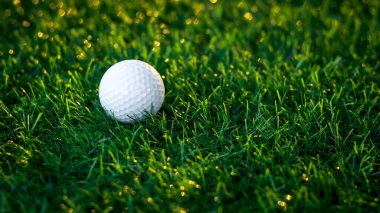 Golf ball close up on tee grass on blurred beautiful landscape of golf background. Concept international sport that rely on precision skills for health relaxation..	