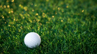 Golf ball close up on tee grass on blurred beautiful landscape of golf background. Concept international sport that rely on precision skills for health relaxation..	