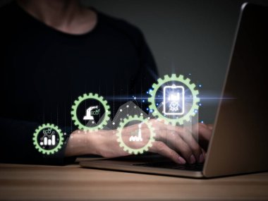 Person holding a tablet technology looking at the graph of pollution reduction or contaminants, toxic substances in industrial plants to obtain an environmental certificate..	