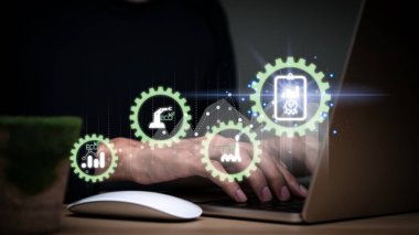 Person holding a tablet technology looking at the graph of pollution reduction or contaminants, toxic substances in industrial plants to obtain an environmental certificate..	