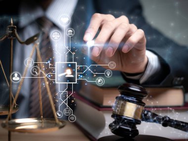 Justice lawyers with Judge gavel, Businessman in suit or lawyer Hiring lawyers in the digital system. Legal law, prosecution, legal adviser, lawsuit, detective, investigation,legal consultant.	