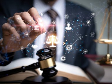 Justice lawyers with Judge gavel, Businessman in suit or lawyer Hiring lawyers in the digital system. Legal law, prosecution, legal adviser, lawsuit, detective, investigation,legal consultant..	