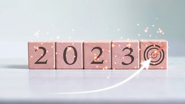飞镖板 概念化导致正确的目标 立方体块包含了业务克服的目的 制定新的2023年构想 — 图库照片