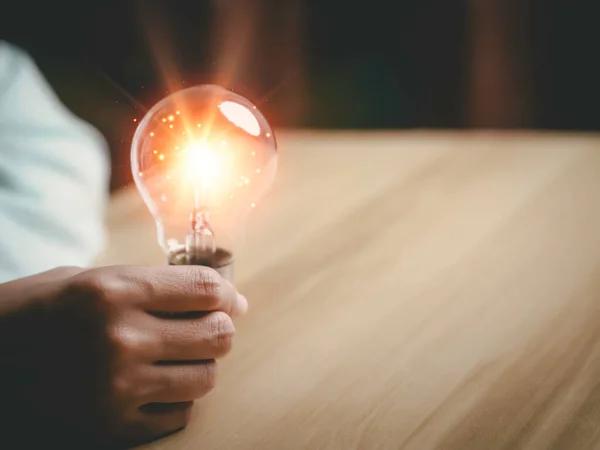 Businesswoman Holding Light Bulb Creative New Idea Innovation Brainstorming Solution — Stock Photo, Image