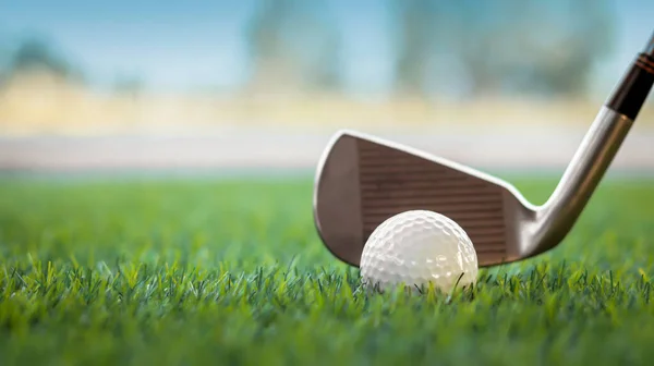 Golf Ball Close Tee Grass Blurred Beautiful Landscape Golf Background — стоковое фото