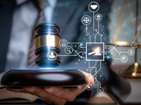 Justice lawyers with Judge gavel, Businessman in suit or lawyer Hiring lawyers in the digital system. Legal law, prosecution, legal adviser, lawsuit, detective, investigation,legal consultant..
