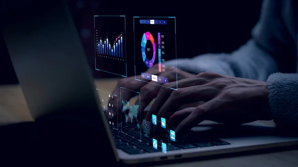 businessman working with business Analytics and Data Management System on computer, online document management and metrics connected to database. Corporate strategy for finance, operations, sales.	