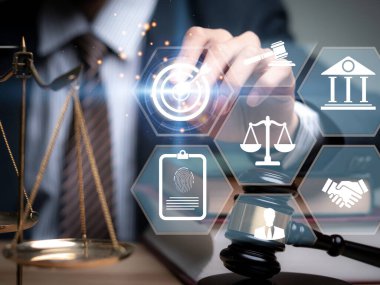 Justice lawyers with Judge gavel, Businessman in suit or lawyer Hiring lawyers in the digital system. Legal law, prosecution, legal adviser, lawsuit, detective, investigation,legal consultant.	