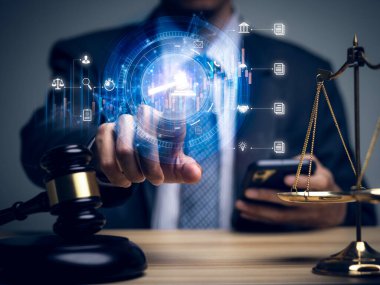 Justice lawyers with Judge gavel, Businessman in suit or lawyer Hiring lawyers in the digital system. Legal law, prosecution, legal adviser, lawsuit, detective, investigation,legal consultant..	