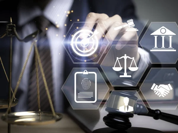 Justice lawyers with Judge gavel, Businessman in suit or lawyer Hiring lawyers in the digital system. Legal law, prosecution, legal adviser, lawsuit, detective, investigation,legal consultant.