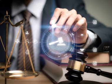 Justice lawyers with Judge gavel, Businessman in suit or lawyer Hiring lawyers in the digital system. Legal law, prosecution, legal adviser, lawsuit, detective, investigation,legal consultant.	