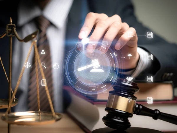Justice lawyers with Judge gavel, Businessman in suit or lawyer Hiring lawyers in the digital system. Legal law, prosecution, legal adviser, lawsuit, detective, investigation,legal consultant.