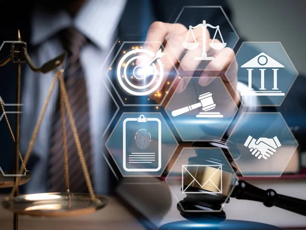 stock image Justice lawyers with Judge gavel, Businessman in suit or lawyer Hiring lawyers in the digital system. Legal law, prosecution, legal adviser, lawsuit, detective, investigation,legal consultant.	