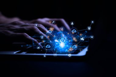 İş adamı analitiği yapay zeka teknolojisi dijital dönüşüm değişim yönetimi, internet gibi şeyler. yeni teknoloji büyük veri ve iş süreci stratejisi, bulut hesaplama, akıllı endüstri. Müşteri hizmetleri.