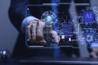 İş adamı analitiği yapay zeka teknolojisi dijital dönüşüm yönetim interneti. yeni teknoloji büyük veri ve iş süreci stratejisi, hızlı üretim, akıllı endüstri. Müşteri hizmetleri.