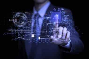 İş adamı analitiği yapay zeka teknolojisi dijital dönüşüm değişim yönetimi, internet gibi şeyler. yeni teknoloji büyük veri ve iş süreci stratejisi, hızlı üretim, akıllı endüstri. Müşteri hizmetleri.