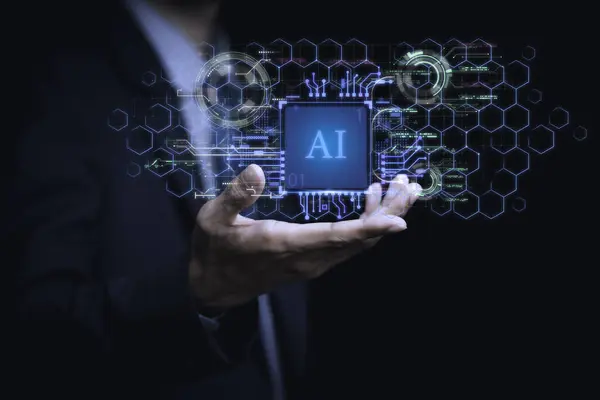 İş adamı analitiği yapay zeka teknolojisi dijital dönüşüm değişim yönetimi, internet gibi şeyler. yeni teknoloji büyük veri ve iş süreci stratejisi, hızlı üretim, akıllı endüstri. Müşteri hizmetleri.
