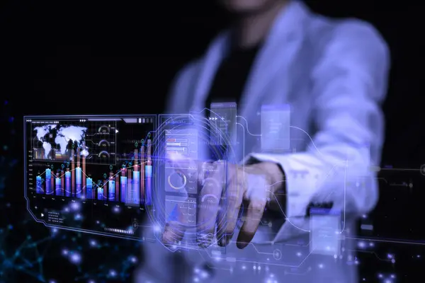 Businessman working with business analytics and data anagement system on hologram screen, online total processing and metrics connected to database. corporate strategy for finance, operations, sales.