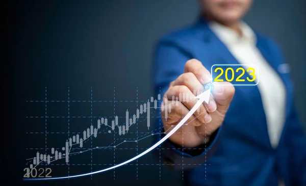 2023 growth target business financial.business women show screen arrow chart profit development achievement , vision new marketing future grow up this is beginning trend and statistic excellence.