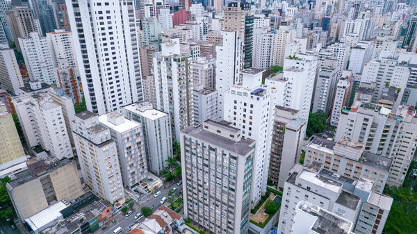 Many buildings in the Jardins neighborhood in Sao Paulo, Brazil. Residential and commercial buildings. Aerial view.