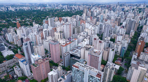 Many buildings in the Jardins neighborhood in Sao Paulo, Brazil. Residential and commercial buildings. Aerial view.