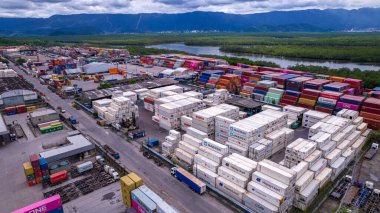 Porto Alemoa in Santos, Brazil. Maritime Industrial area. Containers, Oil and Gas Tank and trucks. clipart