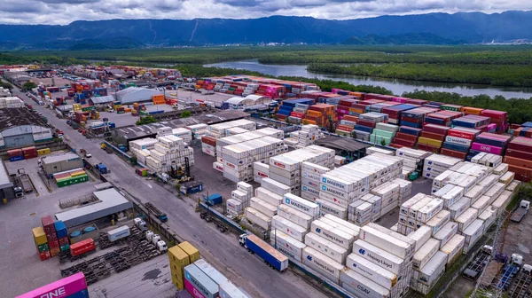 stock image Porto Alemoa in Santos, Brazil. Maritime Industrial area. Containers, Oil and Gas Tank and trucks.