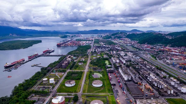 stock image Porto Alemoa in Santos, Brazil. Maritime Industrial area. Containers, Oil and Gas Tank and trucks.