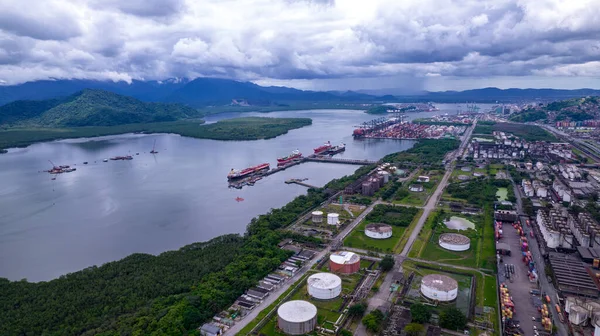 stock image Porto Alemoa in Santos, Brazil. Maritime Industrial area. Containers, Oil and Gas Tank and trucks.