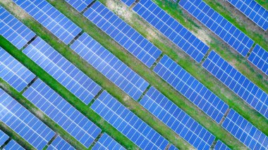 Aerial view of solar panels in Sao Jose dos Campos, Brazil. Many renewable energy panels.