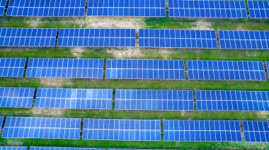Aerial view of solar panels in Sao Jose dos Campos, Brazil. Many renewable energy panels.