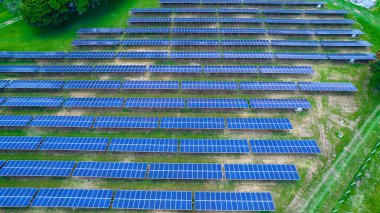 Aerial view of solar panels in Sao Jose dos Campos, Brazil. Many renewable energy panels.