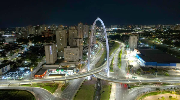 Night aerial view of the Arco da Inovacao in Sao Jose dos Campos, Brazil.