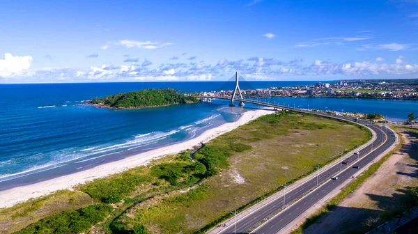 Aerial view of Ilheus, tourist town in Bahia. Historic city center with famous bridge in the background