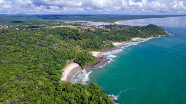 Aerial view of the beaches of Itacare, Bahia, Brazil. Small beaches with forest in the background and sea with waves.
